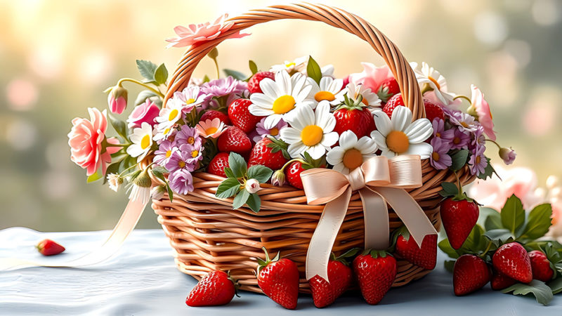 かご一杯のイチゴとお花